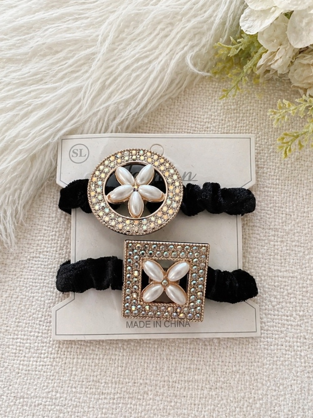 Jeweled Velvet Hair Tie Set | Pearl Rhinestone Floral